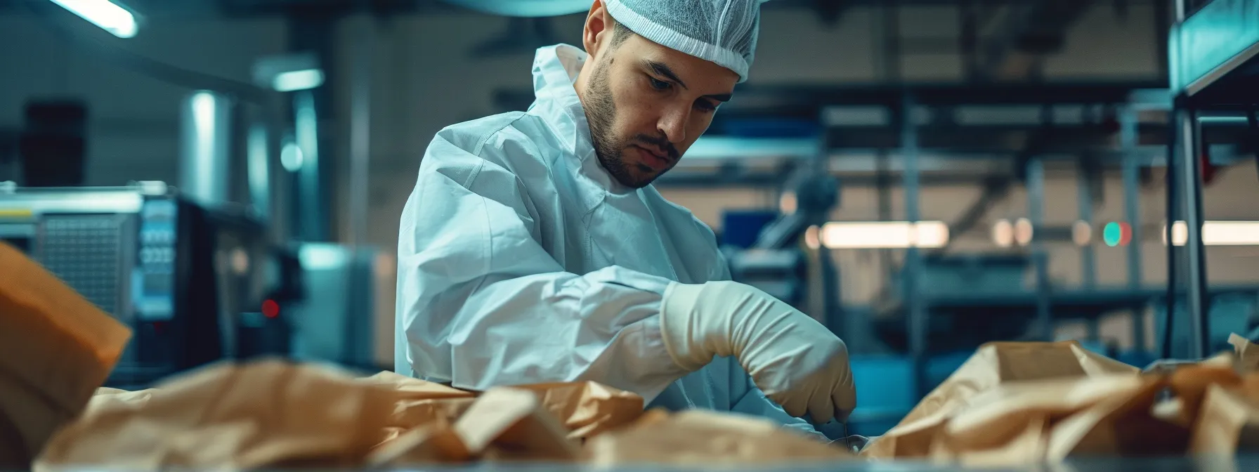 a factory worker seamlessly stitching together biodegradable paper bags in a modern, eco-friendly production facility.